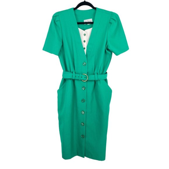 Vintage Peri Petites 80s Dress Kelly Green 14 Button Front Belted Pockets USA - Picture 1 of 12